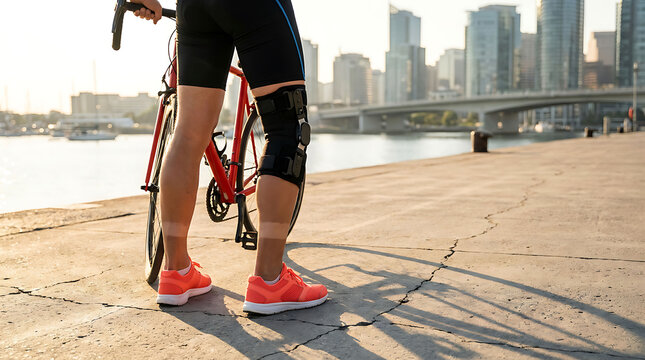 Cyclist with knee brace and tan lines standing by a bicycle on a waterfront