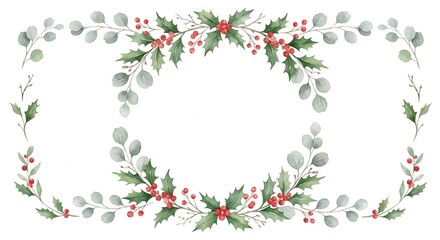 Fototapeta premium Watercolor Christmas frame with holly berries and eucalyptus branches. Winter holiday floral border with copy space. Festive decoration for greeting card and invitation design