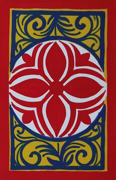 Vibrant medieval floral emblem with intricate gold and red border design