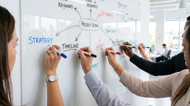 Creative team brainstorming session writing on whiteboard, project planning strategy, business meeting collaboration, mind map diagram, goals and timeline, office cooperation