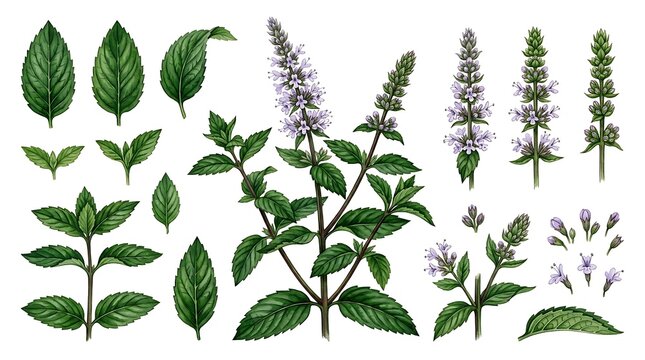 Watercolor peppermint plant collection with green leaves and purple flowers on white background