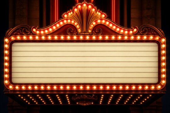 Vintage theater marquee lit with rows of glowing bulbs