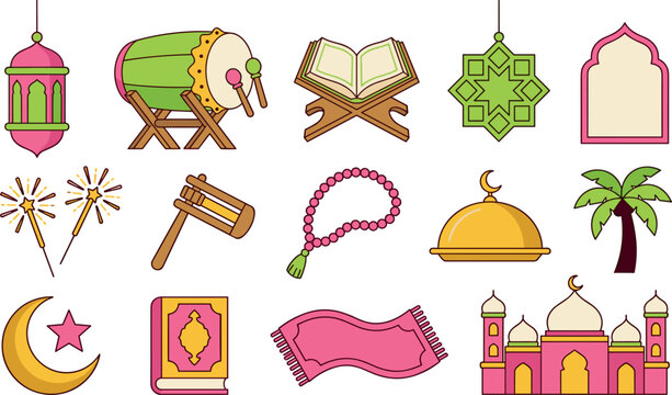 Islamic Ramadan and Eid Celebration Vector Icon Set with Mosque, Quran, Lantern, Crescent Moon, and Bedug Drum for Mubarak Festive Religious Graphic Designs