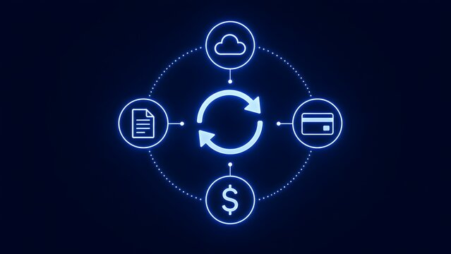 Futuristic glowing blue neon diagram of cloud computing syncing with financial payments document and money icons