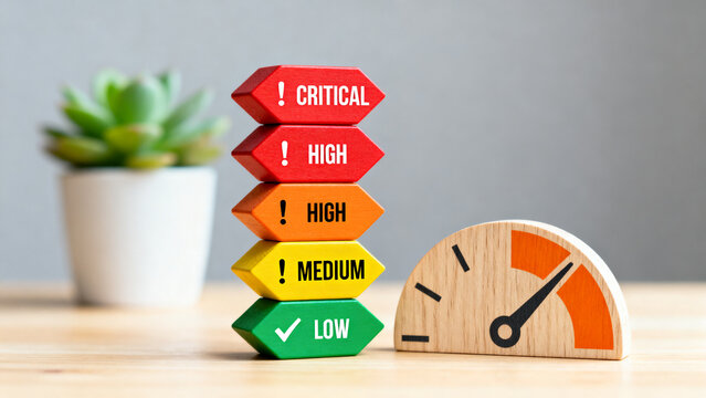 Color-coded priority gauge with risk levels and plant for modern business communication