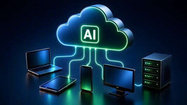 3D glowing neon AI cloud computing network connecting multiple digital devices and servers for artificial intelligence data synchronization