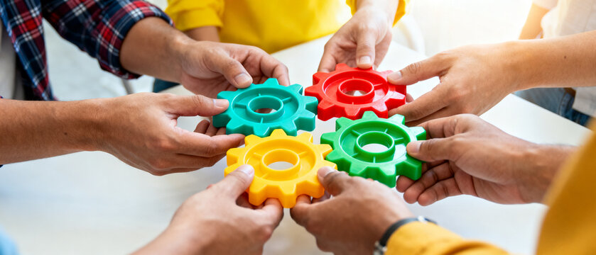 Diverse teamwork hands interlocking colorful gears symbolizing collaboration and unity