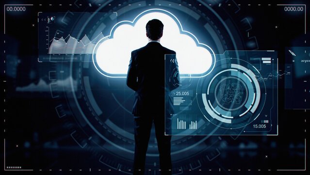 Businessman interacting with glowing cloud computing icon and futuristic holographic HUD interface