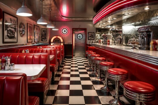 Retro diner interior with red booths and chrome counter stools