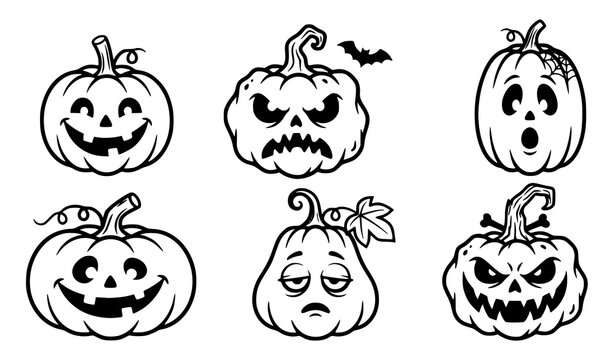 Collection of vector halloween pumpkins with spooky faces bats and spider web details halloween pumpkin jack o lantern spooky face bat silhouette autumn holiday seasonal vect