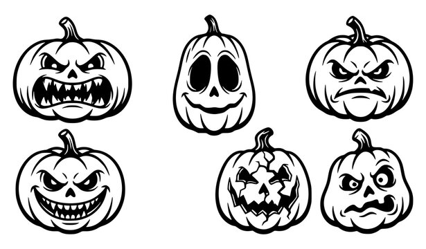 Set of scary halloween vector carved pumpkins with evil smiles and cracked expressions halloween pumpkin jack o lantern evil smile spooky face autumn holiday seasonal vector