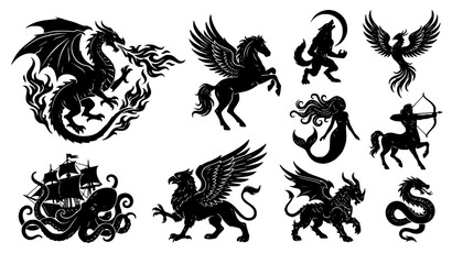 Fototapeta premium Legendary Fantasy Beast Black Silhouette Vector Collection with Dragon Pegasus Werewolf Phoenix Mermaid Centaur Kraken and Griffin