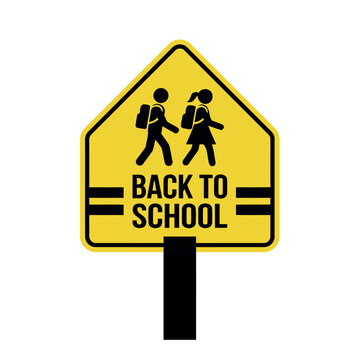 Yellow back to school road sign vector, school crossing warning icon with student silhouettes, educational safety street signage
