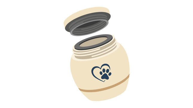 Ceramic pet cremation urn for ashes featuring heart and paw print logo isolated on white background illustration