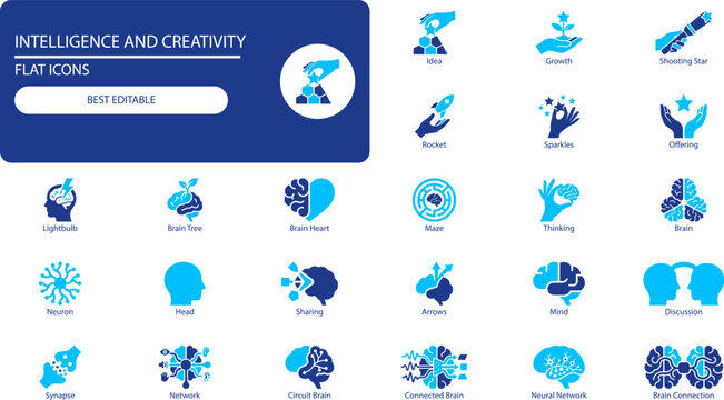 Intelligence and creativity icons set. Black silhouette vector collection of brain, lightbulb, maze and idea symbols for cognitive design