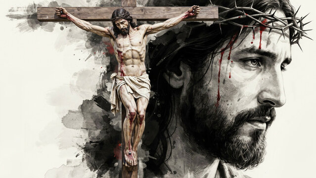 Jesus Christ with crown of thorns and crucifixion on cross watercolor art