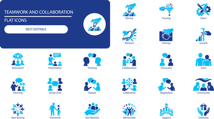 Naklejka premium Teamwork and collaboration icons set. Minimal silhouette vector collection of people, communication, and business symbols for presentations and apps.