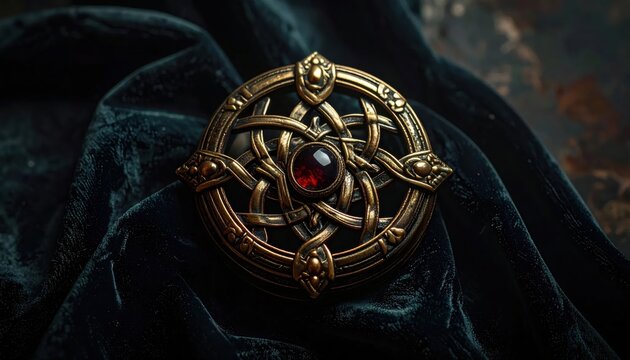 Ancient gold amulet with red gem resting on velvet.