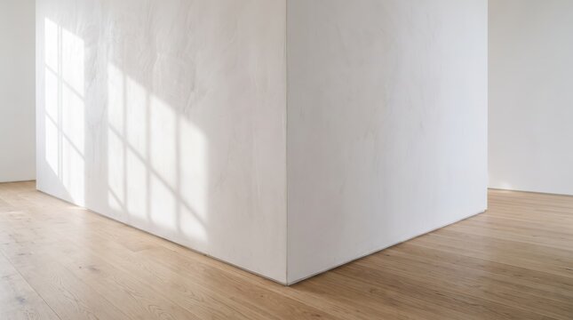 Minimalist white textured wall corner with natural window light shadow casting on light oak wooden floor, clean empty interior for modern architecture design, bright sunlight