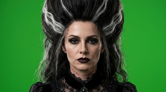 Portrait of Woman Dressed as Classic Gothic Horror Monster Bride with Scars on Green Screen Backdrop