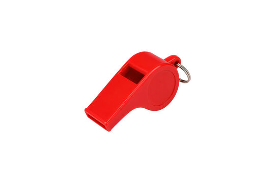 Red plastic referee whistle with metal key ring isolated on a clean white background, sports signaling equipment for coaching, officiating, safety, training, and competition.