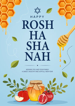 Happy Rosh Hashanah Vertical Poster with Honey Jar, Apples, Pomegranate, Flowers and Decorative Botanical Elements. Editable Vector Illustration.