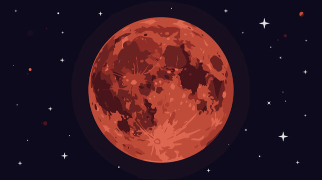 Red full moon vector illustration with detailed surface textures and craters, set against a dark night sky background filled with stars and distant planets in outer space environment.