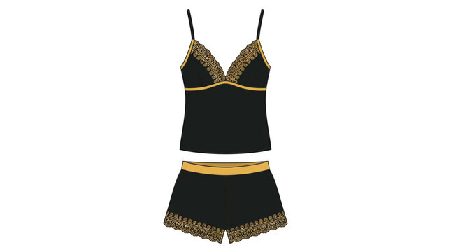 Elegant black lingerie set vector illustration with gold lace trim for sleepwear fashion design template