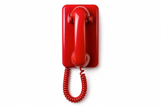Red telephone handset mounted on plain white background