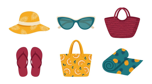 Set of summer vacation accessories illustrated in a flat vector style featuring beach essentials for a sunny holiday trip by the sea