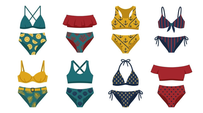 Collection of fashionable swimwear vector designs featuring diverse bikini sets and retro style two-piece bathing suits for summer beach vacation apparel