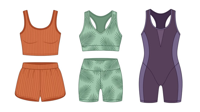 Set of stylish athletic apparel vector designs featuring women's gym crop tops shorts and sleek one-piece sports bodysuits in modern colors