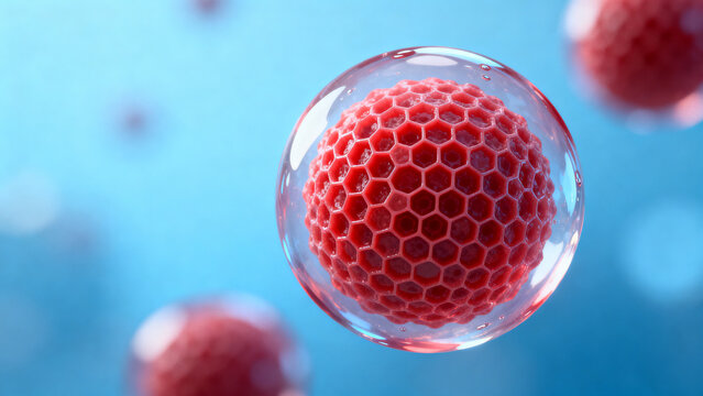3D Rendered Blood Cell Cluster with Hexagonal Structure in Medical Blue Background