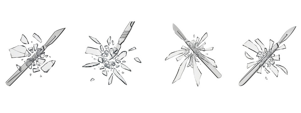 Scalpels breaking glass panels isolated on black background set