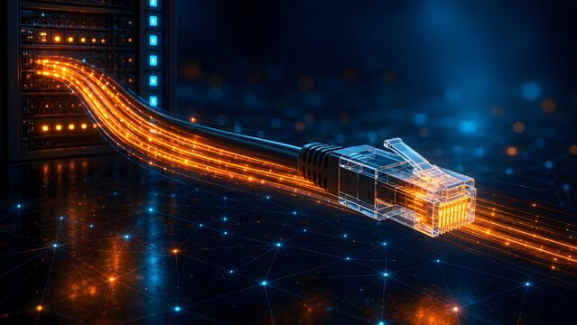 High speed data transfer concept with glowing ethernet network cable connecting to a data center server.