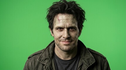 Fototapeta premium Scary Man in Frankenstein Monster Halloween Makeup with Scars and Messy Hair on Green Screen Background