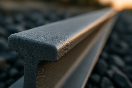 Steel rail focusing on textured surface at track ballast