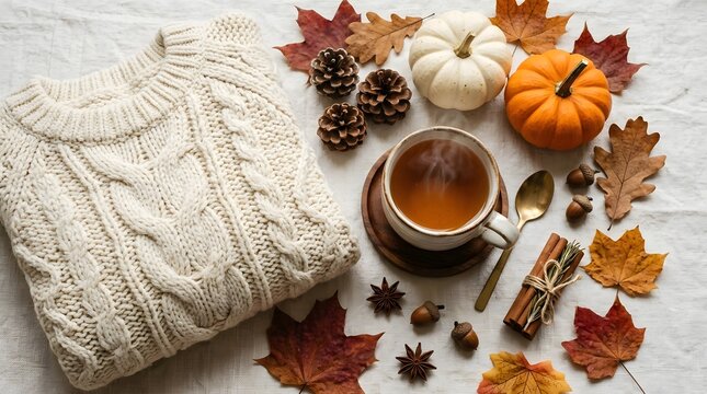Cozy autumn flat lay with sweater, tea, pumpkins, and leaves