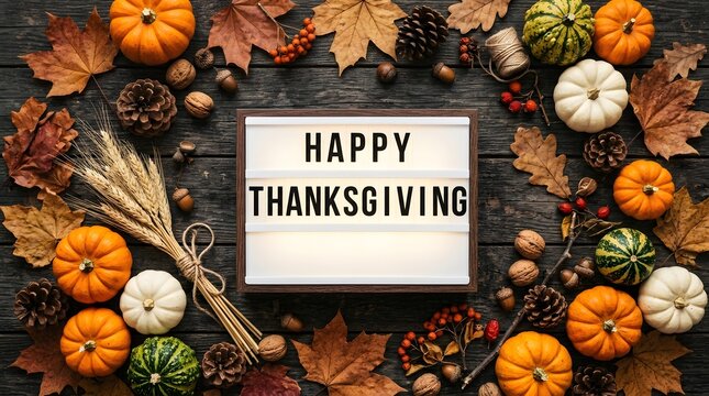 Happy thanksgiving light box sign surrounded by pumpkins, autumn leaves, and pinecones on dark wooden background