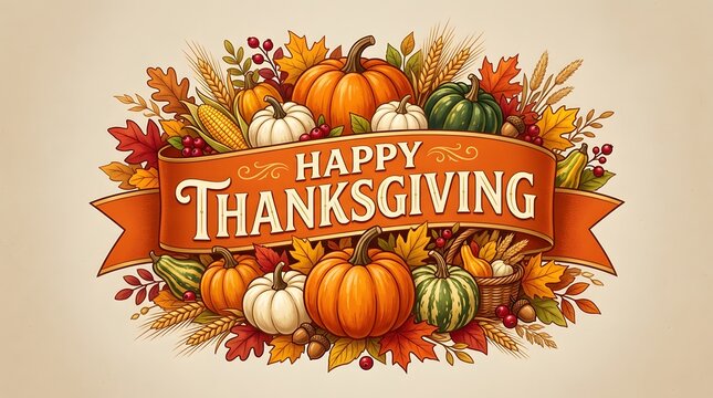 Happy thanksgiving illustration with pumpkins, autumn leaves, corn, and berries on a decorative banner