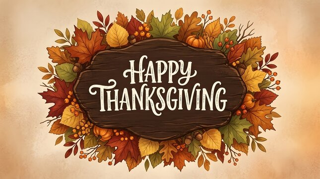 Happy thanksgiving greeting card with autumn leaves, pumpkins, and acorns on a wooden sign background