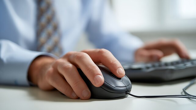 Business Person Using Computer Mouse and Keyboard, Close Up of Hands Working at Office Desk