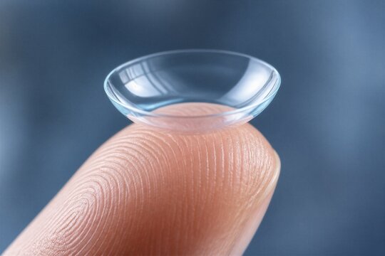 Contact lens balanced on fingertip against blurred background
