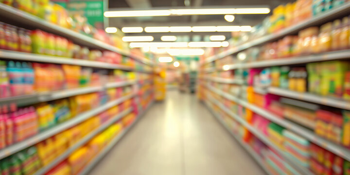 Blurred Supermarket Aisle with Colorful Shelves and Soft Focus