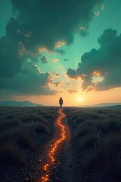 A single, isolated arrow points towards a vast, empty landscape under a melancholic sky; conveying feelings of solitude and detachment , atmosphere, barren