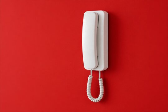 Wall mounted white corded telephone against red background