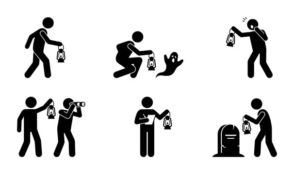 Stick Figure Halloween Icons: Ghost Hunt, Tombstone, Camera, Lanterns, Spooky Night Scenes