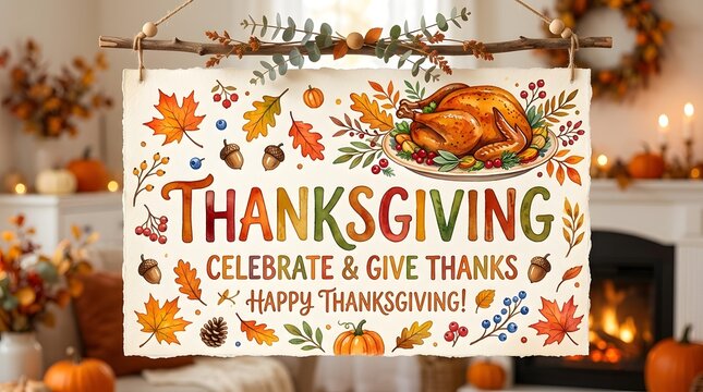 Watercolor thanksgiving sign hanging on a wooden branch with roasted turkey, pumpkins, acorns, and autumn leaves isolated on white background