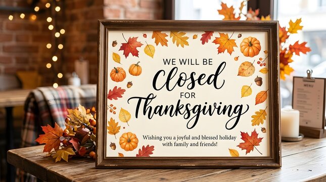 Thanksgiving closed sign in a wooden frame on a restaurant table