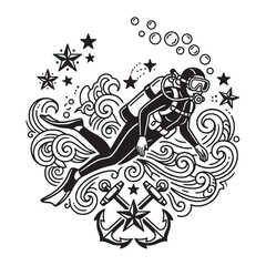 Fototapeta premium Black and White Scuba Diver Illustration in Nautical Tattoo Style Featuring Waves Anchors and Stars